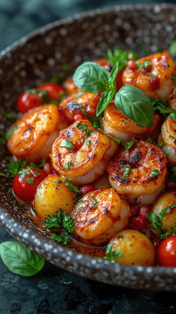 camarão com tomates e manjericão em uma panela