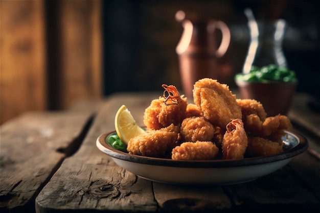 Camarão empanado frito na mesa de madeira rústica Deliciosos frutos do mar gerados por IA