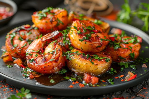 Camarão picante grelhado com ervas frescas e alho em um prato escuro Prato de churrasco de frutos do mar