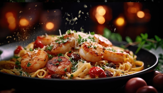 Camarão Scampi com Linguine e Tomate Cherry