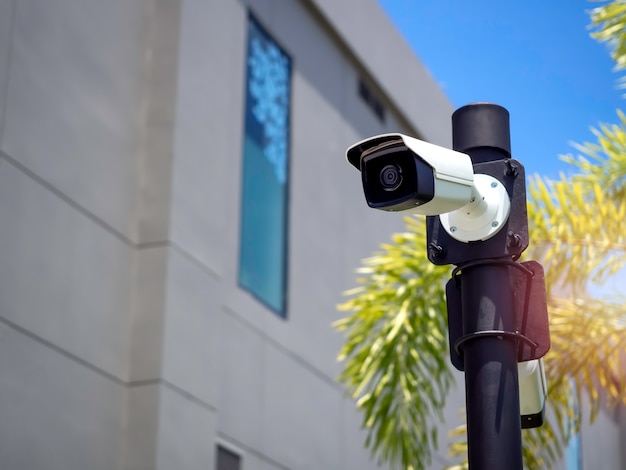 Foto cámaras cctv blancas en el poste negro en el jardín cerca del edificio