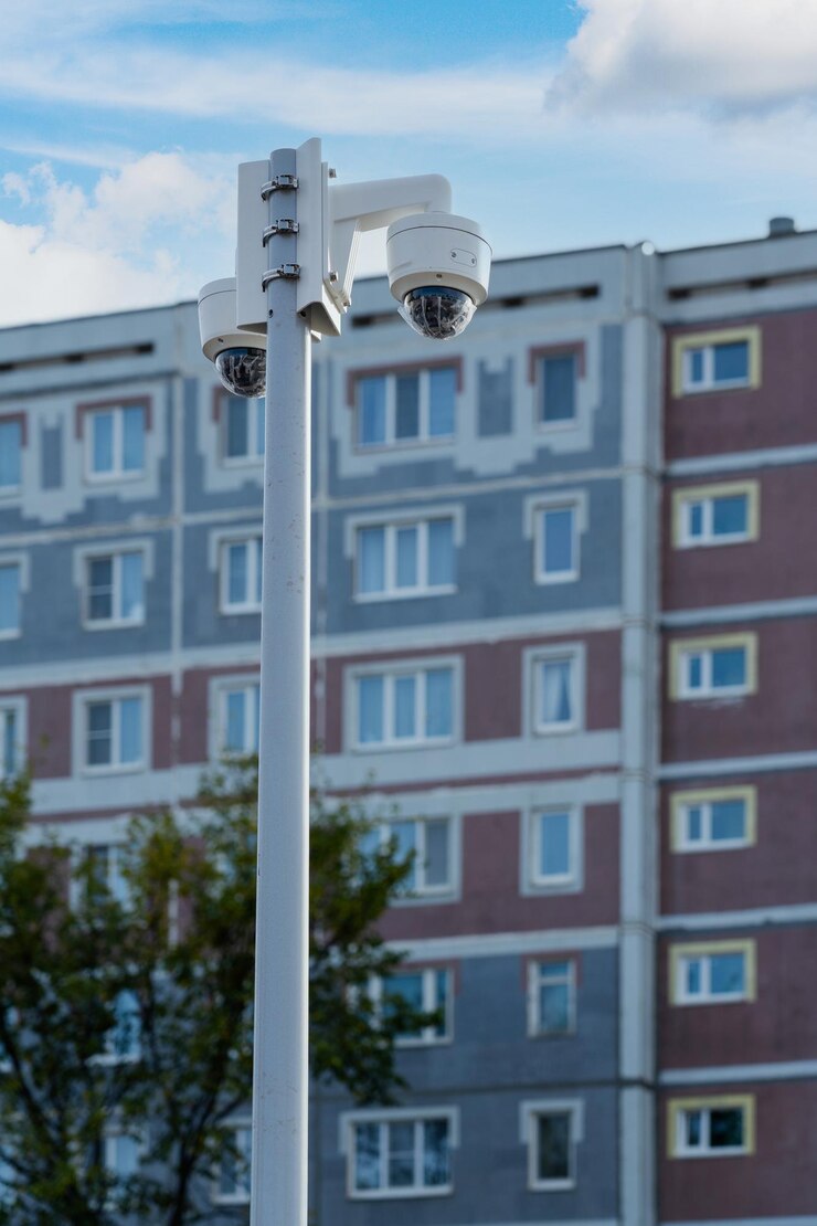Cámaras de circuito cerrado de televisión en un poste, la fachada de un edificio de apartamentos de paneles en el fondo. Foto vertical