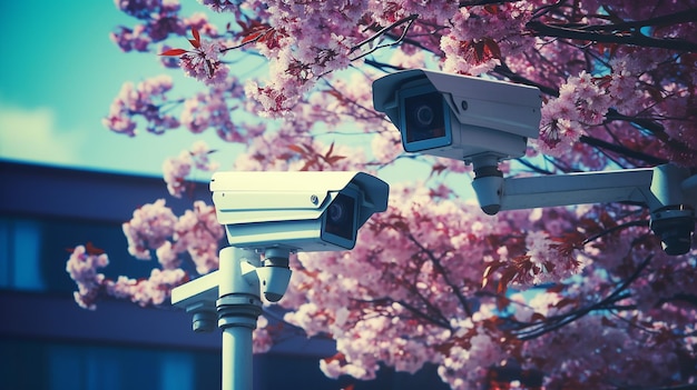 Cámaras de seguridad de vigilancia CCTV al aire libre en una escuela con árbol de sakura