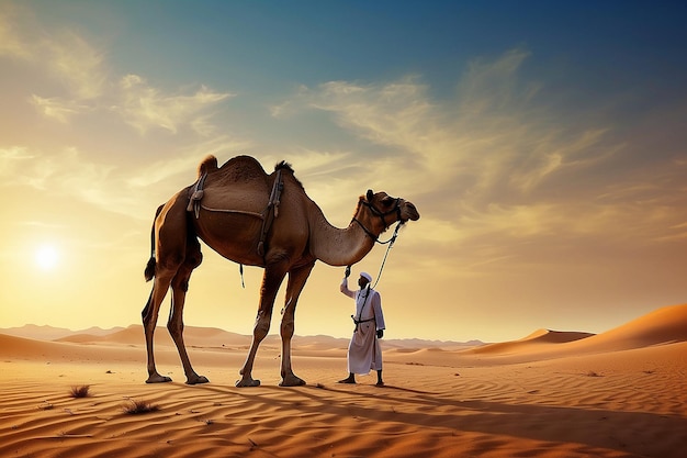 Foto camareiro com camelo em um deserto ilustração vetorial