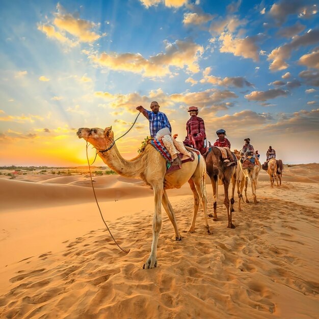 Foto camareiros condutores de camelos ao pôr-do-sol deserto de thar ao pór-do- sol jaisalmer rajasthan índia