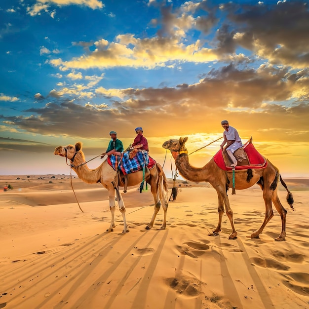 Foto camareiros condutores de camelos ao pôr-do-sol deserto de thar ao pór-do- sol jaisalmer rajasthan índia