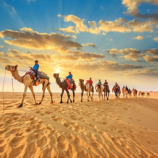 Foto camareiros condutores de camelos ao pôr-do-sol deserto de thar ao pór-do- sol jaisalmer rajasthan índia