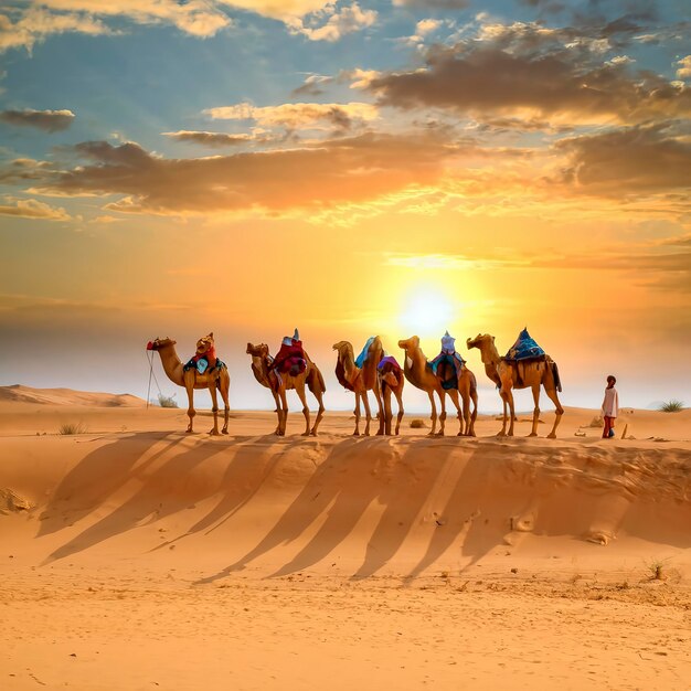 Foto camareiros condutores de camelos ao pôr-do-sol deserto de thar ao pór-do- sol jaisalmer rajasthan índia