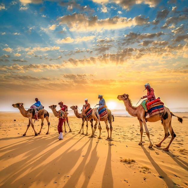 Foto camareiros condutores de camelos ao pôr-do-sol deserto de thar ao pór-do- sol jaisalmer rajasthan índia