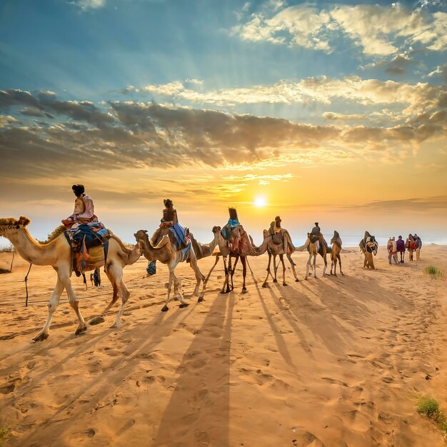 Foto camareiros condutores de camelos ao pôr-do-sol deserto de thar ao pór-do- sol jaisalmer rajasthan índia