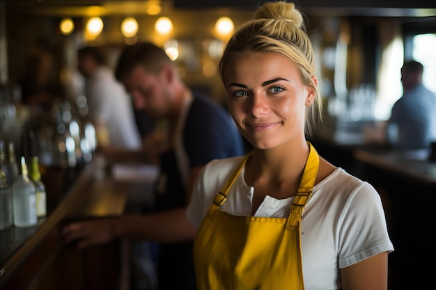 Camarera amigable y profesional que sirve a los clientes con una cálida sonrisa en un encantador café