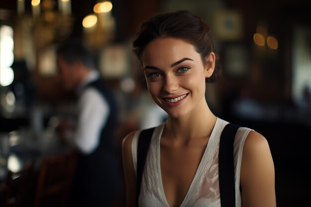 Camarera amigable con una sonrisa brillante sirviendo a los clientes en un café acogedor y encantador