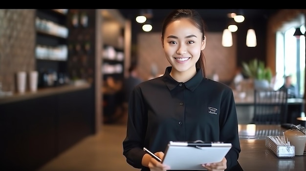 una camarera asiática parada en el fondo del restaurante anota el pedido en un cuaderno