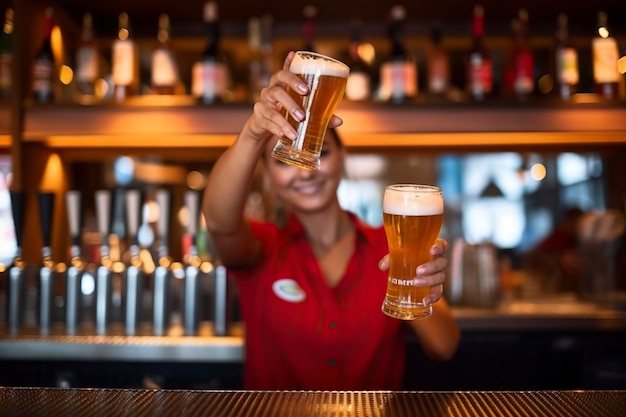 La camarera detrás del bar sirve cervezas.