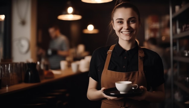 Camarera feliz sosteniendo bandeja con taza de café