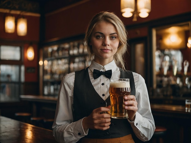 Foto la camarera lleva un vaso de cerveza