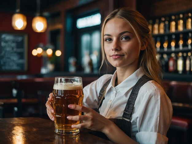 Foto la camarera lleva un vaso de cerveza