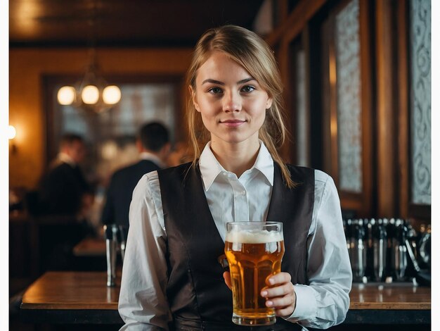 Foto la camarera lleva un vaso de cerveza