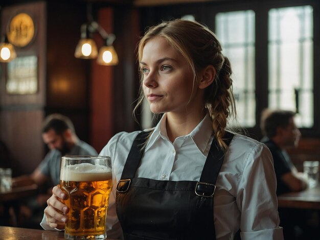 Foto la camarera lleva un vaso de cerveza