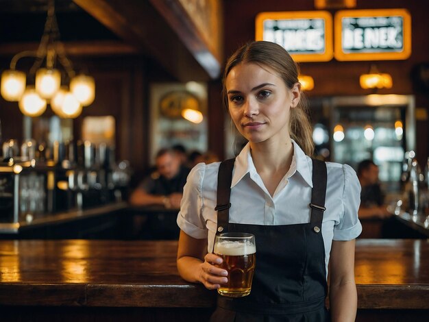 Foto la camarera lleva un vaso de cerveza