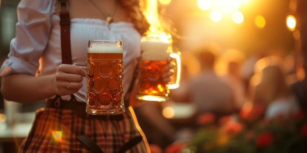 Foto la camarera lleva vasos de cerveza para el oktoberfest.