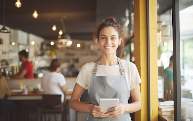 Una camarera madura alegre da la bienvenida a los clientes en la cafetería