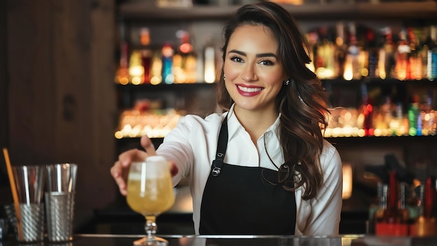 Una camarera morena sonriente sirviendo una bebida.