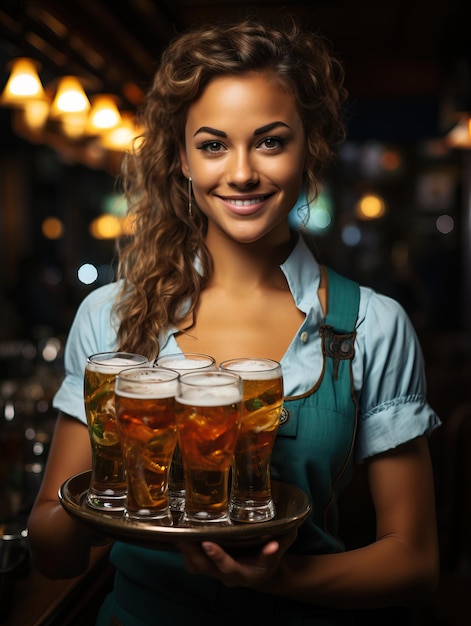 Camarera del Oktoberfest con dos vasos grandes de cerveza con un vestido tradicional bávaro