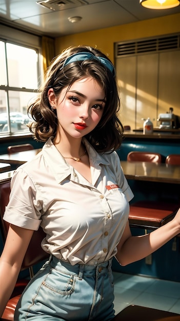 Camarera de pin-up en un café retro Niña hermosa moda de los años 50 y 40 Niña pin-up hermosa en el trabajo
