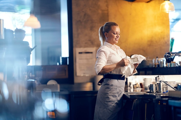 Una camarera profesional rubia está limpiando vidrios en un bar mientras está de pie detrás de un mostrador de bar