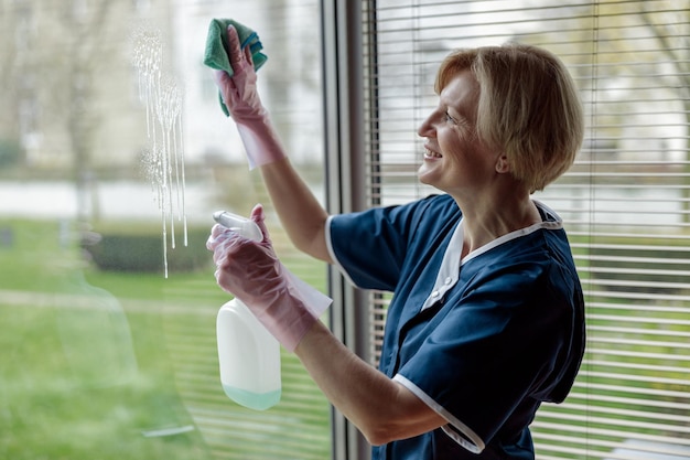 Camarera senior sonriente con guantes y ventana de limpieza uniforme con trapo y spray limpiador