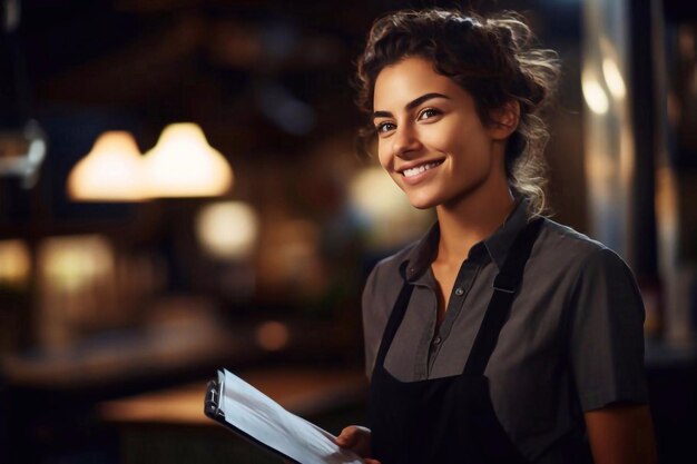 Una camarera sonriente toma el pedido, habla con los clientes, visita el café, el restaurante, la pareja es amigable.