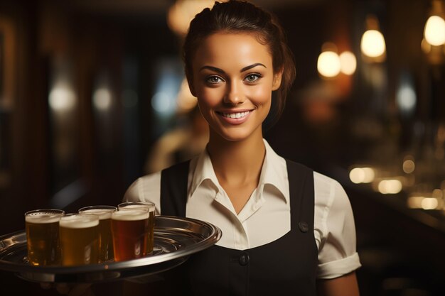 Foto camarera sosteniendo bandeja con vasos de cerveza en un pub