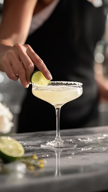 El camarero adorna cuidadosamente el daiquiri con una cuña de lima en un bar de lujo