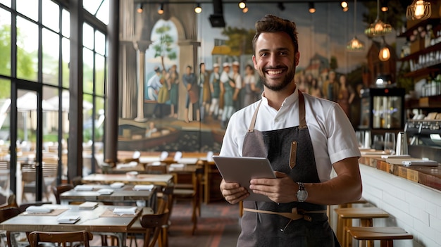 Camarero amigable sonriendo a la cámara sosteniendo una tableta digital en un café de estilo rústico restaurante de comidas casuales servicio al cliente establecimiento de comida de moda y de moda IA