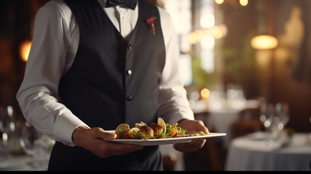 Camarero confiado con el plato en las manos en el fondo del restaurante