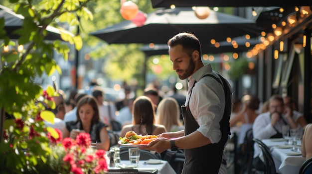 Foto un camarero está entregando un plato de comida a un cliente en un restaurante al aire libre el camarero lleva una camisa blanca y un delantal negro
