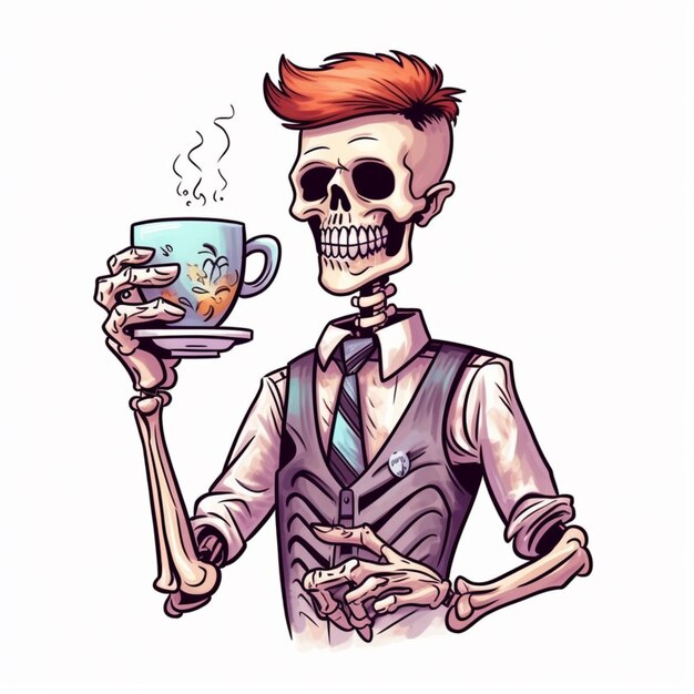 Camarero esqueleto de dibujos animados sosteniendo una taza de café y un plato de comida generativa ai