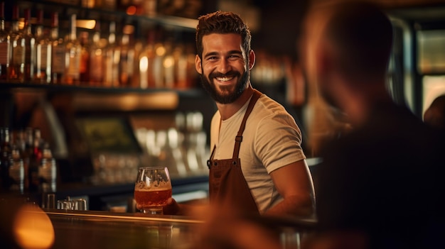 Un camarero genial sirviendo cerveza artesanal en el bar