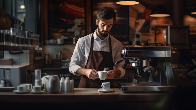 El camarero hace una taza de café.