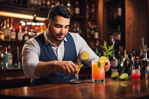 Foto el camarero haciendo un cóctel alcohólico un cóktel de verano en el bar