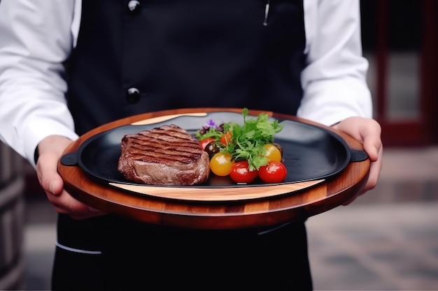 El camarero lleva un pedido en un plato. Sirve filete a la parrilla. Ilustración generada por AI.