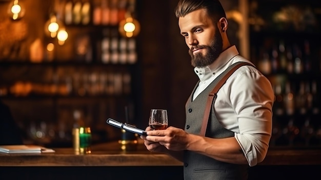 El camarero masculino se encuentra en el fondo del restaurante y anota el pedido en un cuaderno.