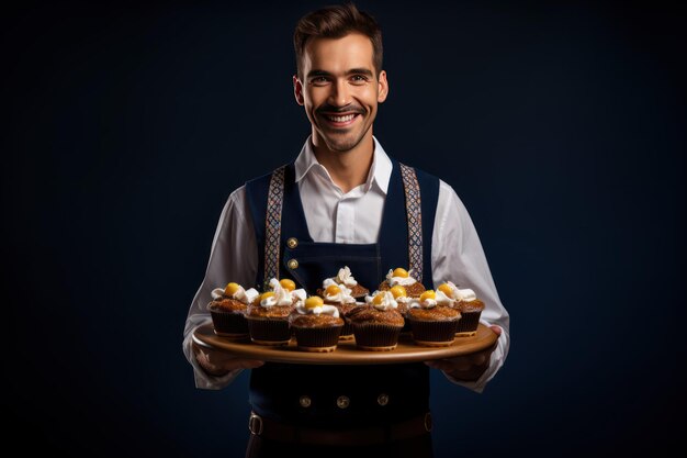 Foto camarero del oktoberfest con el traje tradicional bávaro que sirve tazas de cerveza sobre un fondo azul oscuro ar 32 v 52 id de trabajo a547b721cd4d4b1789eceec162144e63