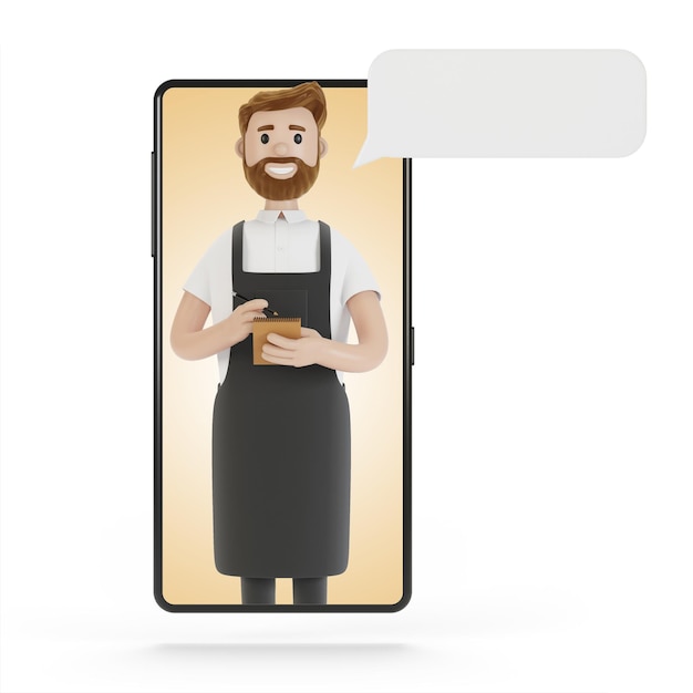 Camarero en la pantalla del teléfono inteligente Concepto de entrega en línea del restaurante Ilustración 3D en estilo de dibujos animados