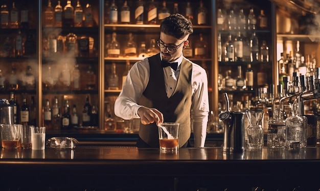 Un camarero prepara una bebida en un bar.