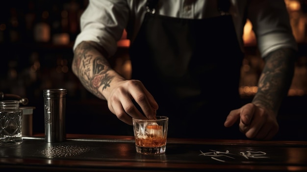 Un camarero prepara un cóctel en el bar.