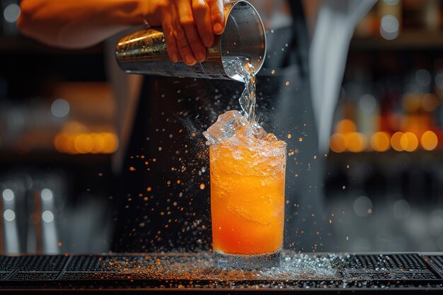 Un camarero preparando un cóctel con naranja y hielo