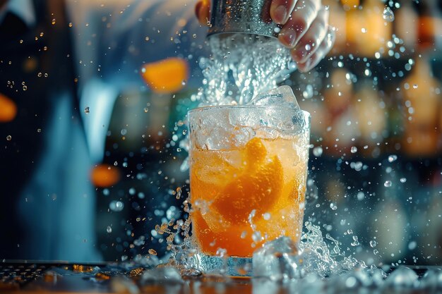 Un camarero preparando un cóctel con naranja y hielo