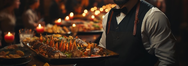 Camarero profesional llevando una bandeja con platos de carne salados Generativo Ai